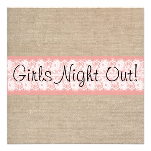 Elegant Coral Burlap Lace Girls Night Out Invite (front side)