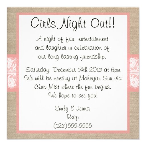 Elegant Coral Burlap Lace Girls Night Out Invite
