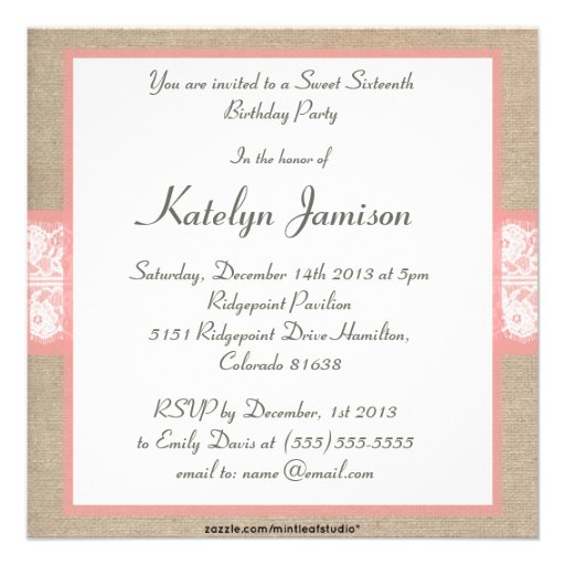 Elegant Coral Burlap Lace Sweet Sixteen Birthday Custom Invitation