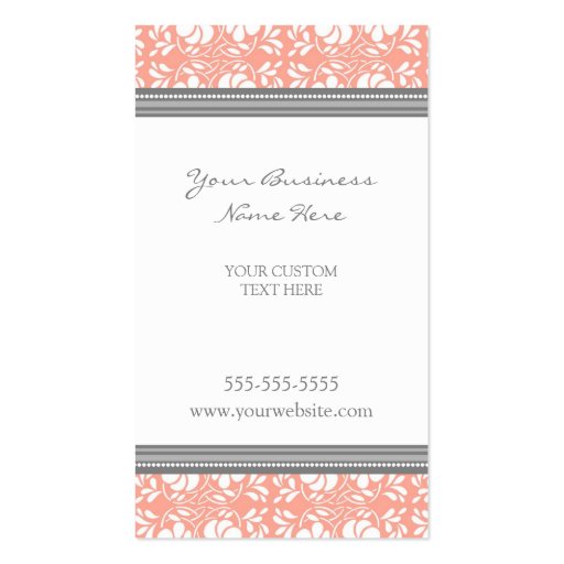 Elegant Coral Gray Damask Business Cards (front side)