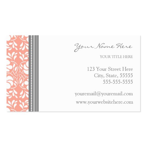 Elegant Coral Gray Damask Business Cards (back side)