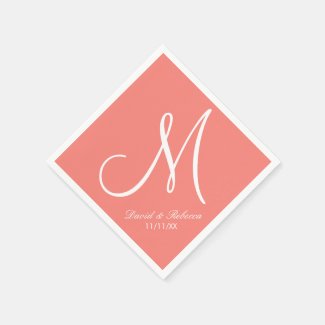 Elegant Coral Pink and White Monogram Disposable Napkins