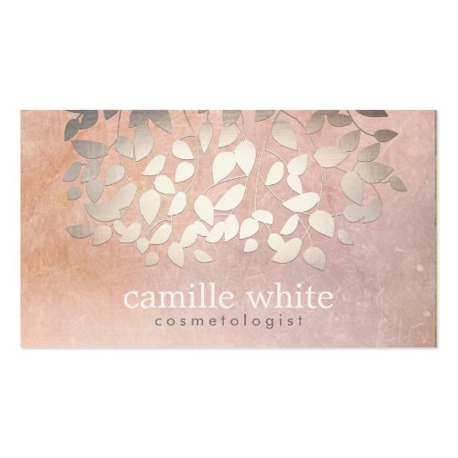Elegant Cosmetology Faux Gold Foil Leaves Peach Business Cards (front side)