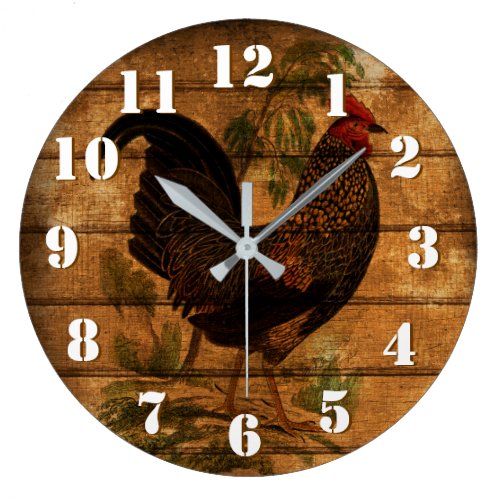 Elegant Country Rooster on Rustic wood Large Clock Elegant Country Rooster on Rustic wood Large Clock