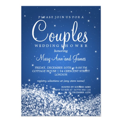 Elegant Couples Shower Sparkling Wave Blue Custom Invites (front side)