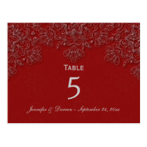 Elegant crimson floral swirl wedding table card postcard