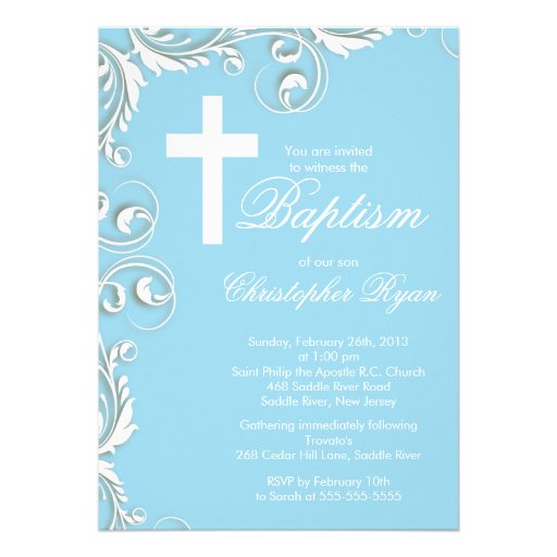 Elegant Cross Baby Boy Baptism Christening Personalized Announcements
