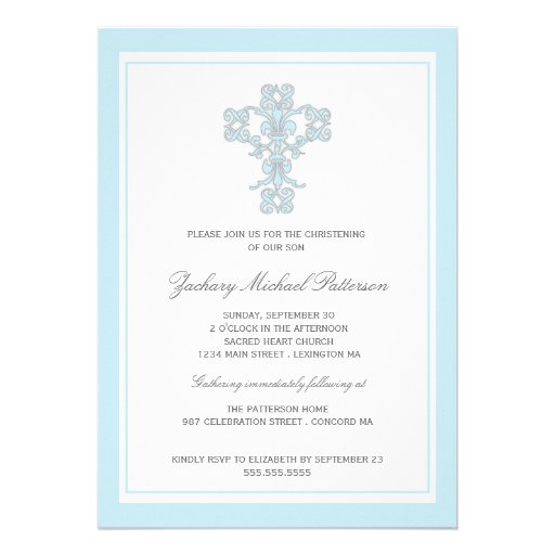 Elegant Cross Blue Baby Boy Christening Invitation
