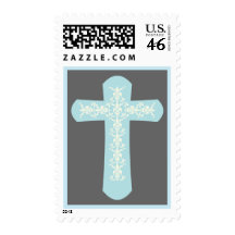 Elegant Cross in Blue on Gray Postage