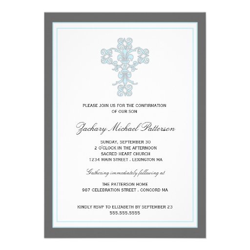 Elegant Cross in Blue Son Confirmation Invitation (front side)