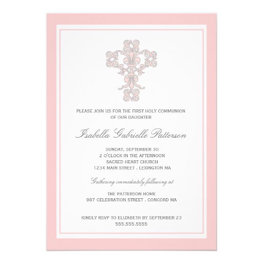 Elegant Cross Pink Girl First Communion Invitation (front side)