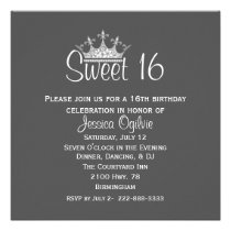Elegant Crown Gray & White Sweet 16 Birthday invitations