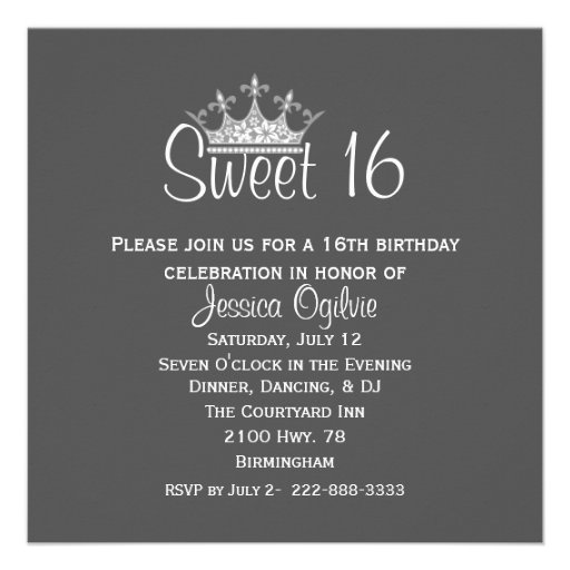 Elegant Crown Gray & White Sweet 16 Birthday Custom Announcements