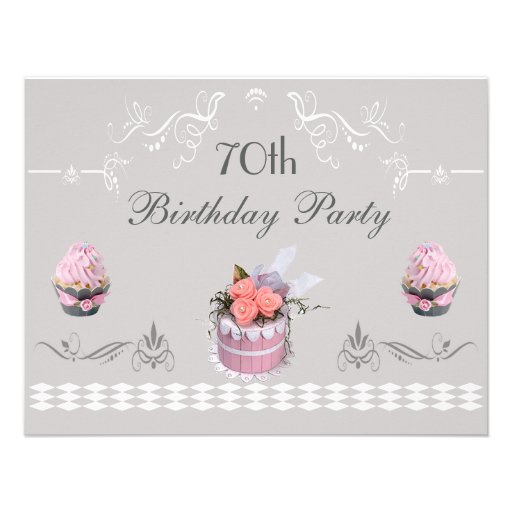 Elegant Cupcakes Pink & Grey 70th Birthday Announcements (front side)