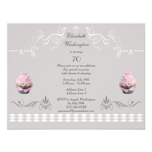 Elegant Cupcakes Pink & Grey 70th Birthday Announcements