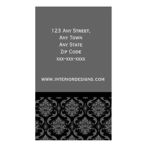 Elegant Custom Black and Grey Damask Business Card (back side)