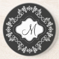 Elegant Custom Monogram White Flourish Frame Black Coaster