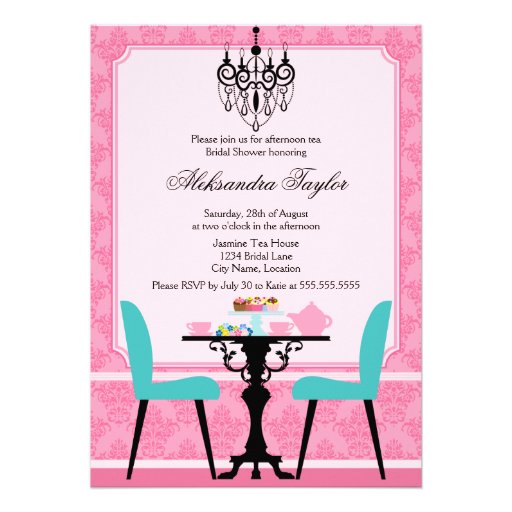 Elegant Damask and Chandelier Pink Aqua Tea Party Personalized Invites