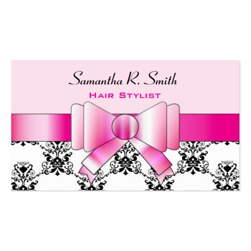 Elegant Damask and Pink Bow Professional Stylish Business Cards (front side)
