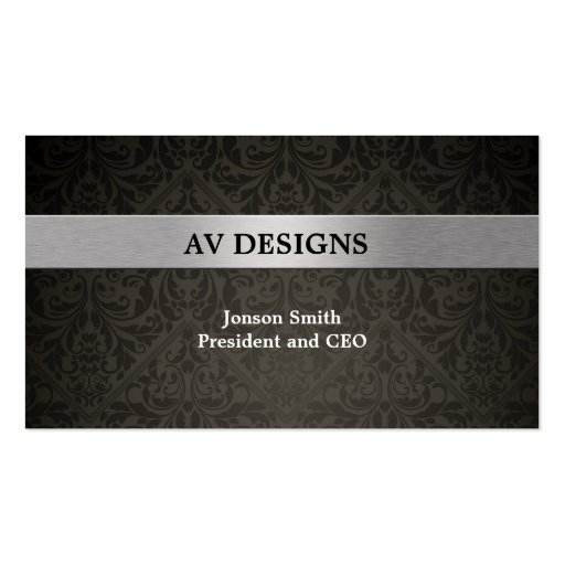 Elegant Damask Black and Silver Business Card (front side)