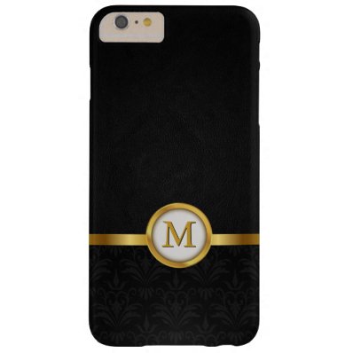 Elegant Damask & Black Leather with Gold Monogram Barely There iPhone 6 Plus Case