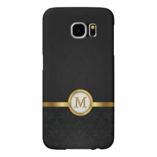 Elegant Damask & Black Leather with Gold Monogram Samsung Galaxy S6 Cases