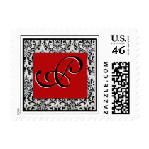 Elegant damask black, white and red - Monogram P postage by aslentz Elegant damask black, white and red - Monogram P postage
