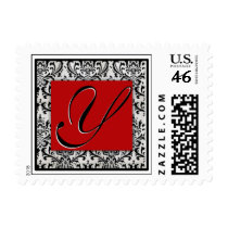 Elegant damask black, white and red - Monogram Y postage