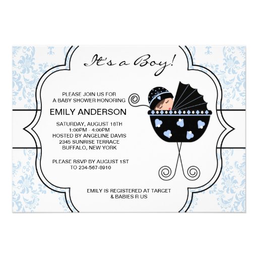 Elegant Damask Blue Black Baby Boy Shower Personalized Invites