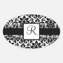 Elegant damask calligraphy design oval stickers