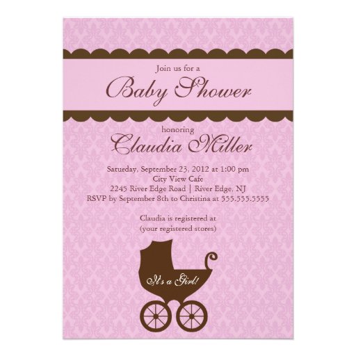 Elegant Damask Carriage Gir Baby Shower Invitation