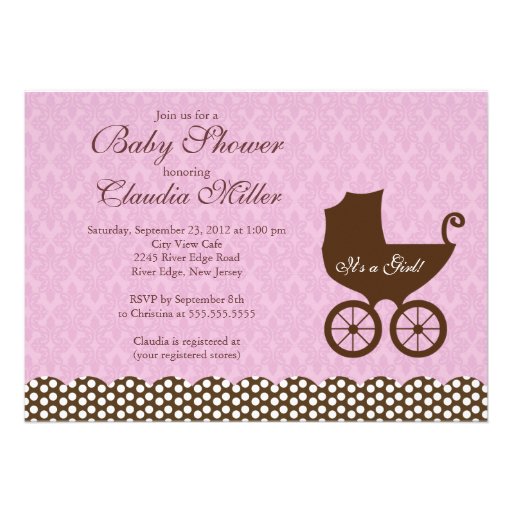 Elegant Damask Carriage Girl Baby Shower Personalized Invitations