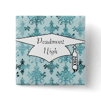 elegant damask design with aqua blue pinback button