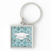 elegant damask design with aqua blue key chain
