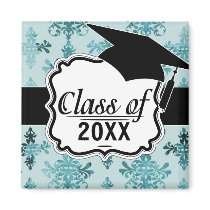 elegant damask design with aqua blue refrigerator magnets