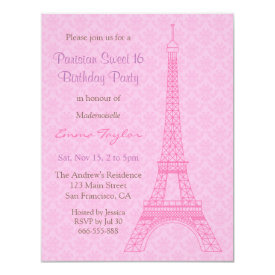 Elegant Damask Eiffel Tower Paris Birthday Party 4.25x5.5 Paper Invitation Card