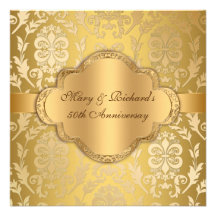 Elegant Damask Floral Swirl Gold 50th Anniversary Custom Invitations