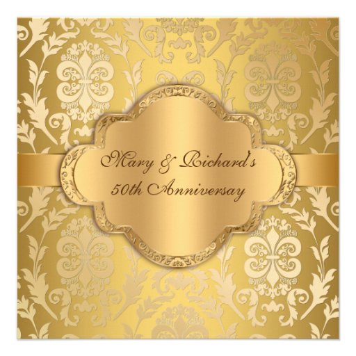 Elegant Damask Floral Swirl Gold 50th Anniversary Custom Invitations (front side)