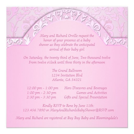 Elegant Damask Floral Swirl Pink Baby Shower Personalized Invite