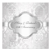 Elegant Damask Floral Swirl Silve 25th Anniversary Custom Invitation