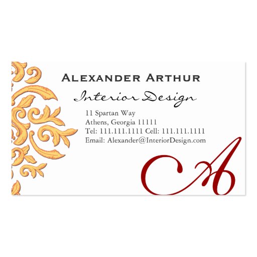 Elegant Damask for Interior Decorator, Restaurant Business Card (front side)