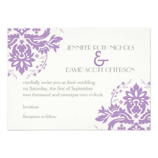 Elegant damask lavender, grey, ivory wedding invitations
