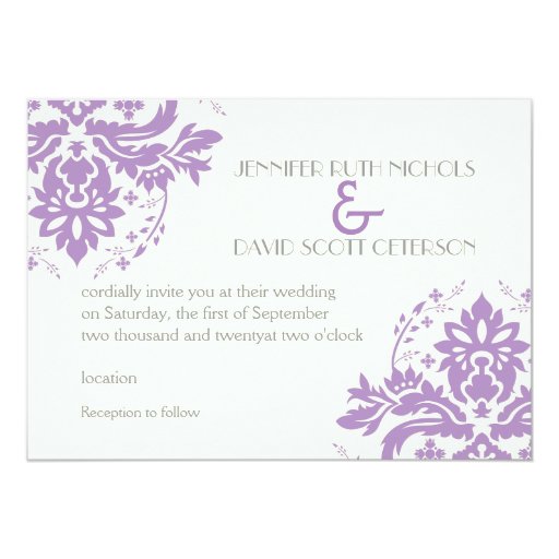 Elegant damask lavender, grey, ivory wedding 5x7 paper invitation card