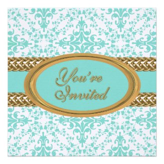 Elegant Damask Lt Blue White Gold Birthday Invite