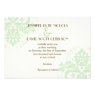 Elegant damask mint green, ivory wedding invitations