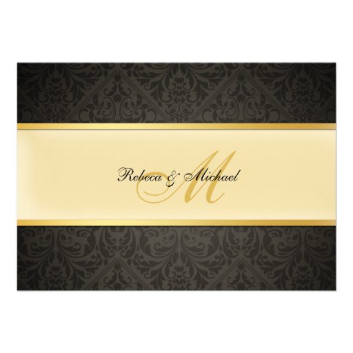 Elegant Damask Monogram Wedding Black and Gold Invites