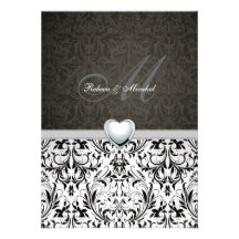 Elegant Damask Monogram Wedding w/ Platinum Heart Personalized Announcements