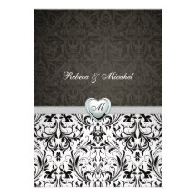 Elegant Damask Monogram Wedding w/ Platinum Heart Personalized Announcement