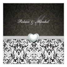 Elegant Damask Monogram Wedding w/ Platinum Heart Personalized Invite