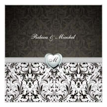 Elegant Damask Monogram Wedding w/ Platinum Heart Announcement